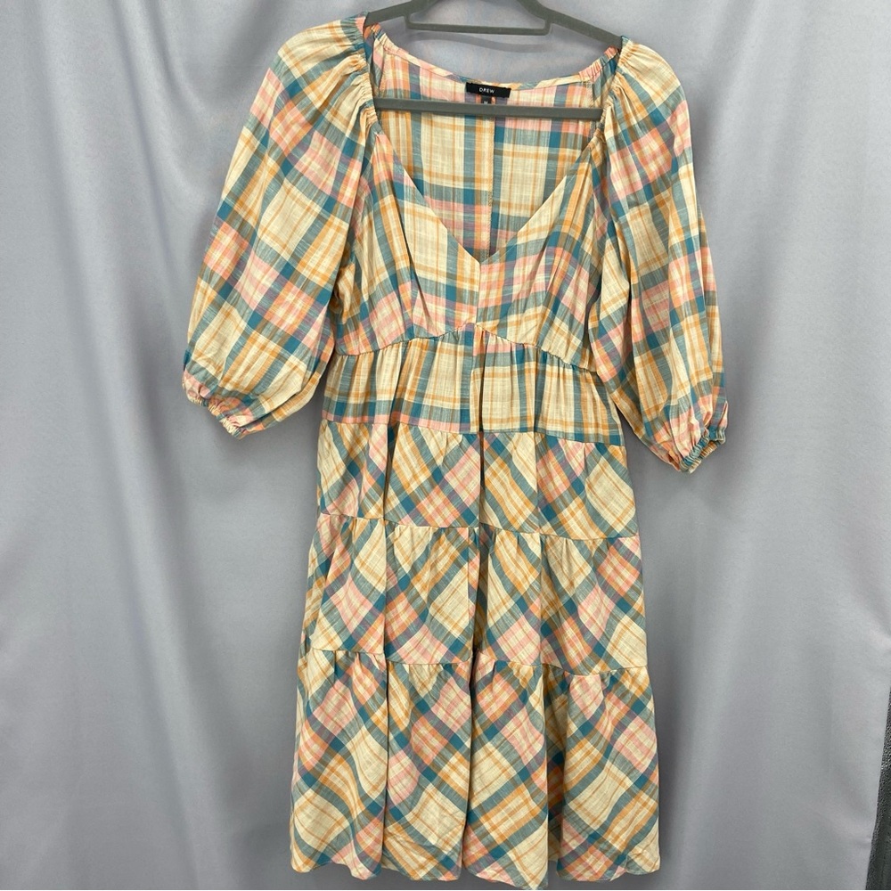 DREW Plaid Tiered Puff-Sleeve Dress in Cream, Blue & Pink